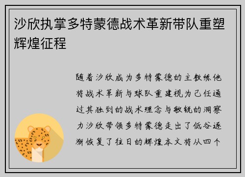 沙欣执掌多特蒙德战术革新带队重塑辉煌征程